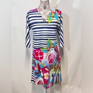 ATELIER 5 Navy and‎ white stripe floral shift dress size S.